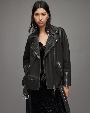 Allsaints Billie Läder Studded Biker Jacka Dam Svarta | SE.WL139X-5