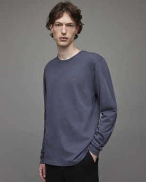 Allsaints Brace Long Sleeve Brushed Bomull T-shirt Herr Blå | SE.MD055X-7711