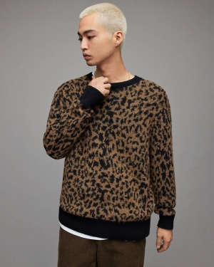 Allsaints Catt Leopard Crew Jumper Stickat Herr Bruna | SE.MK108X-7191