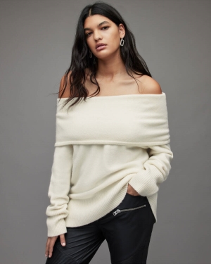 Allsaints Lea Off Shoulder Jumper Stickat Dam Vita | SE.WK004W-4068