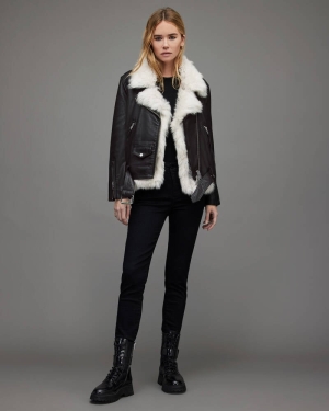 Allsaints Luna 4 In 1 Shearling Biker Jacka Dam Svarta Beige | SE.WL086R-2610