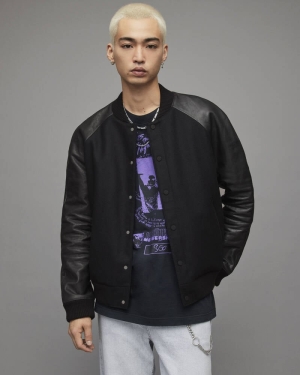 Allsaints Manta Läder Sleeved Bomber Jacka Herr Svarta | SE.ML026Y-5