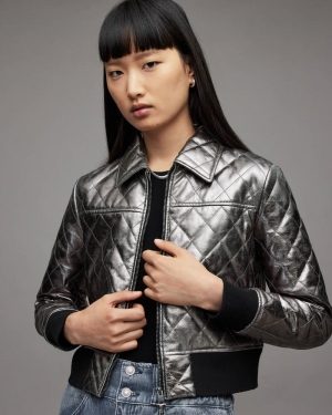 Allsaints Quinn Metallic Läder Bomber Jacka Dam Grå | SE.WL161X-93