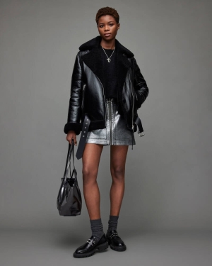 Allsaints Rei High Shine Shearling Jacka Dam Svarta | SE.WL141X-5