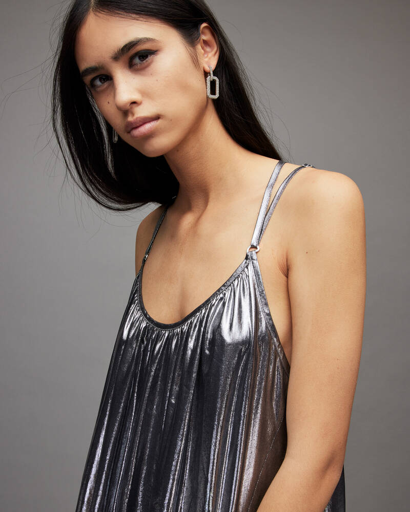 Allsaints Areena Metallic Maxi Klänning Dam Silver | SE.WD258X-34