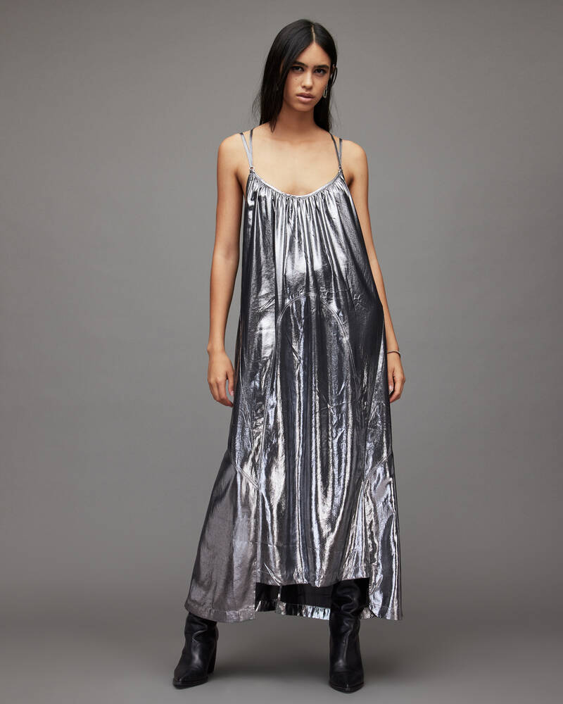 Allsaints Areena Metallic Maxi Klänning Dam Silver | SE.WD258X-34