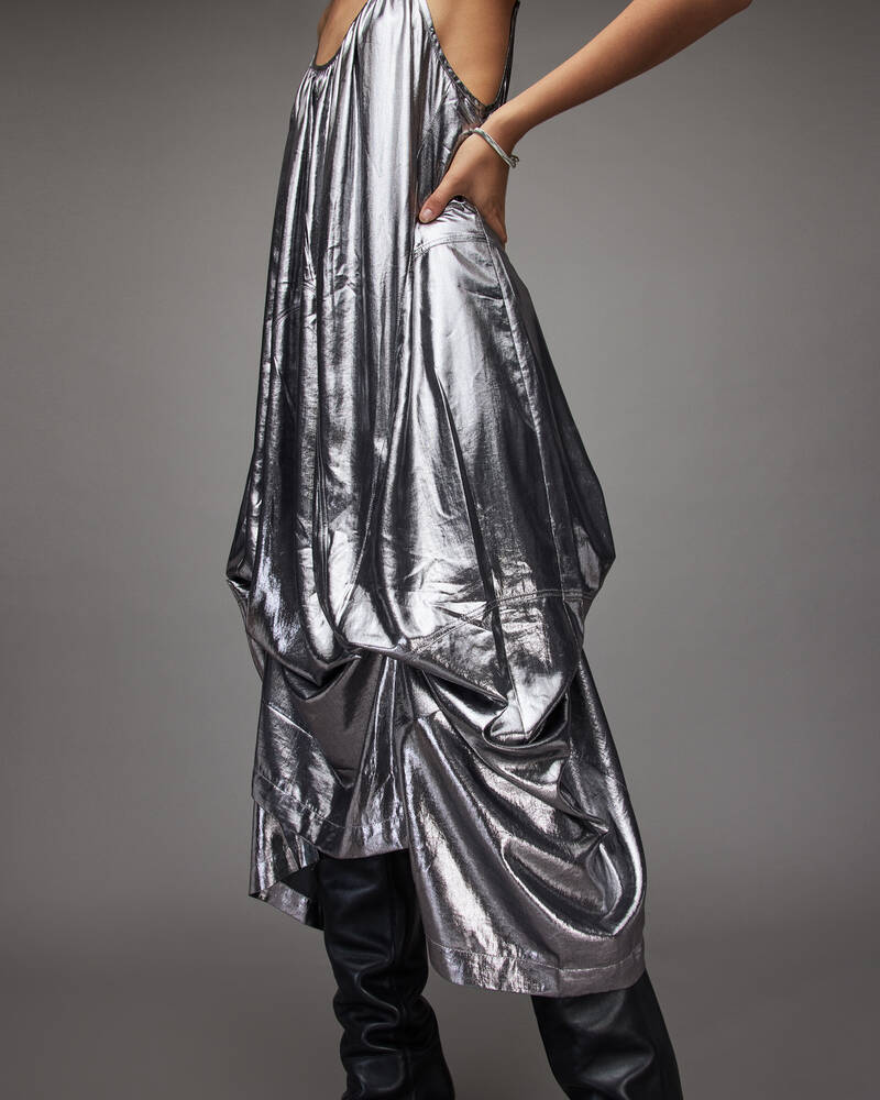 Allsaints Areena Metallic Maxi Klänning Dam Silver | SE.WD258X-34