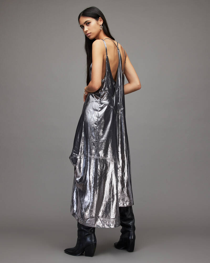 Allsaints Areena Metallic Maxi Klänning Dam Silver | SE.WD258X-34