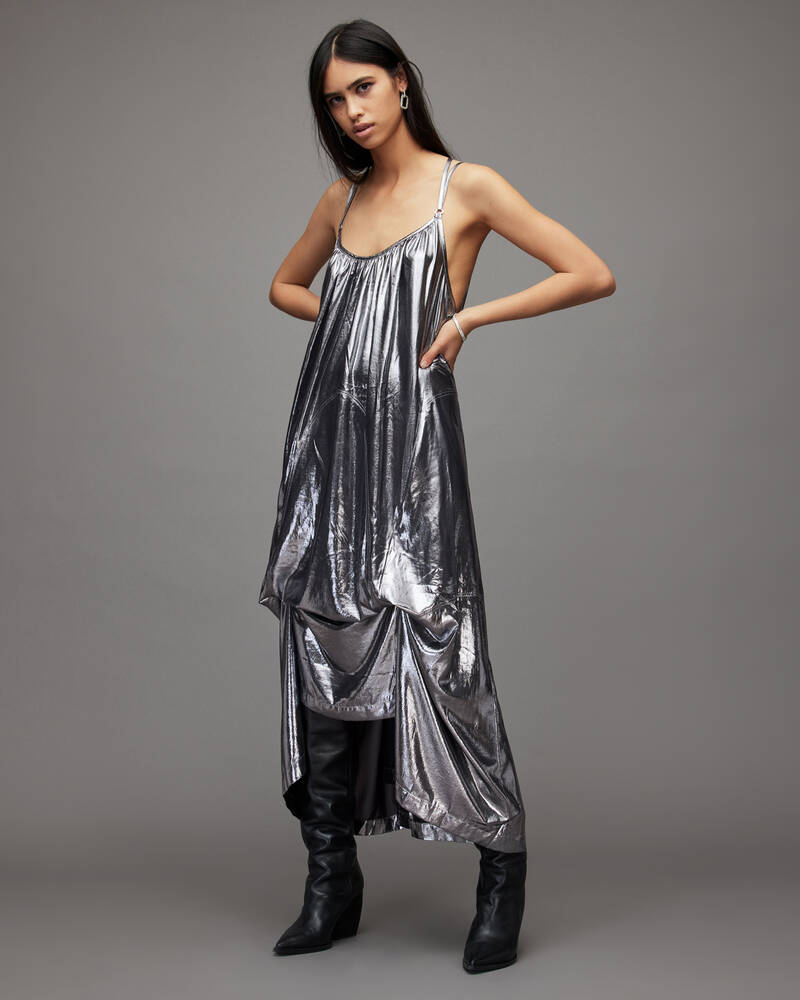 Allsaints Areena Metallic Maxi Klänning Dam Silver | SE.WD258X-34