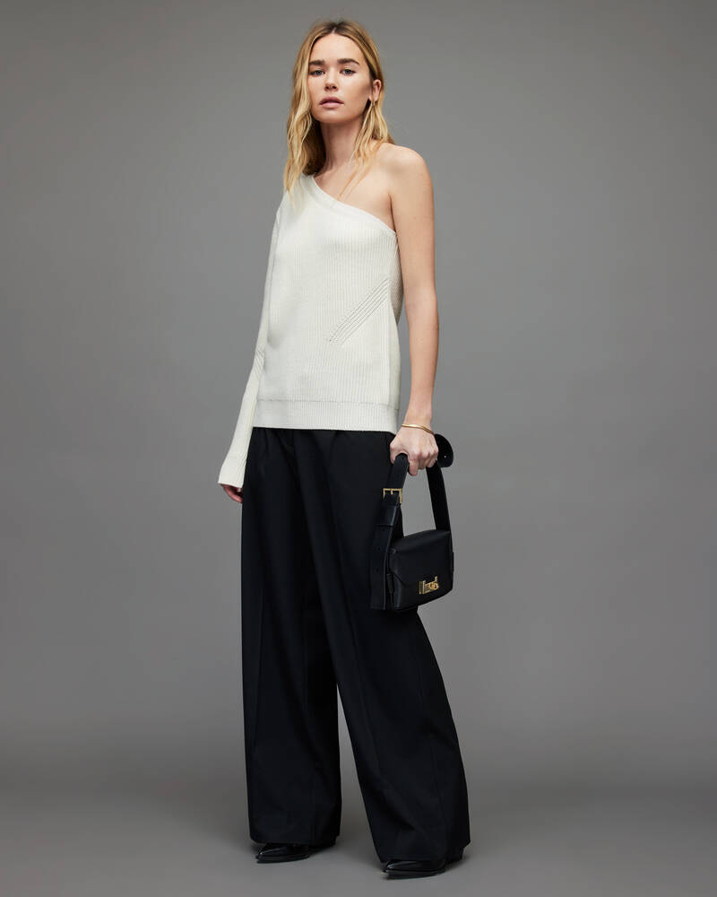 Allsaints Asymmetric One Shoulder Räfflad Tröja Stickat Dam Vita | SE.WK099X-4068