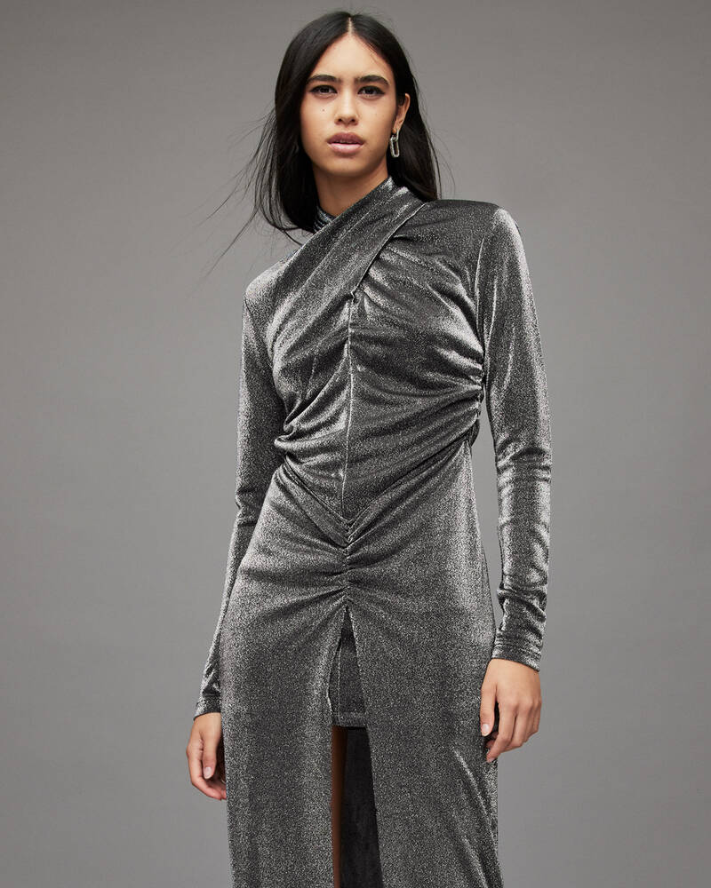 Allsaints Ayla Metallic Klänning Dam Silver | SE.WD182X-34