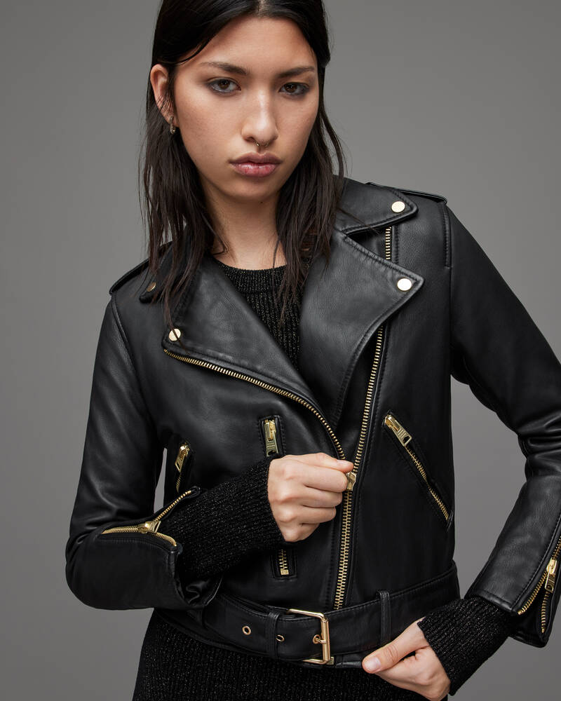 Allsaints Balfern Gold Läder Biker Jacka Dam Svarta Guld | SE.WL154W-5108