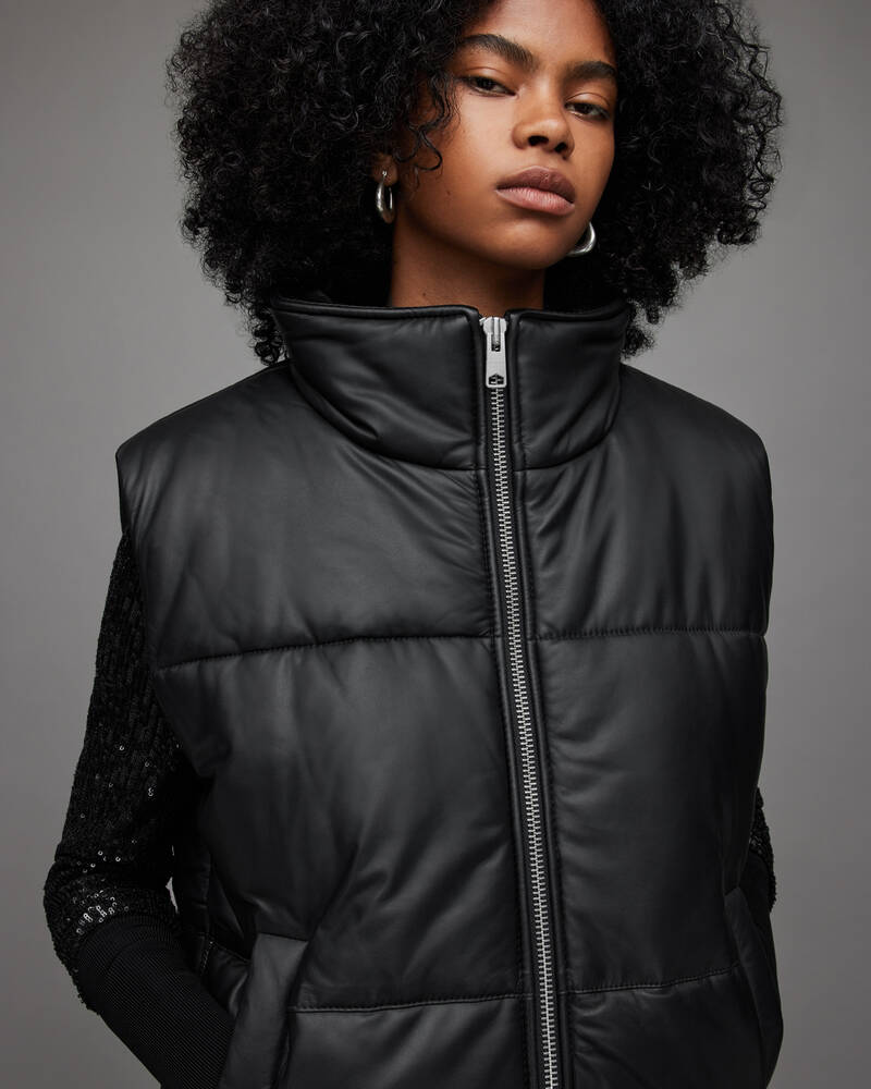 Allsaints Bradbury Läder Puffer Gilet Jacka Dam Svarta | SE.WL048X-5