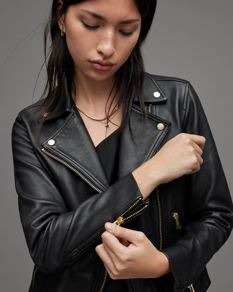 Allsaints Dalby Gold Läder Biker Jacka Dam Svarta Guld | SE.WL153W-5108