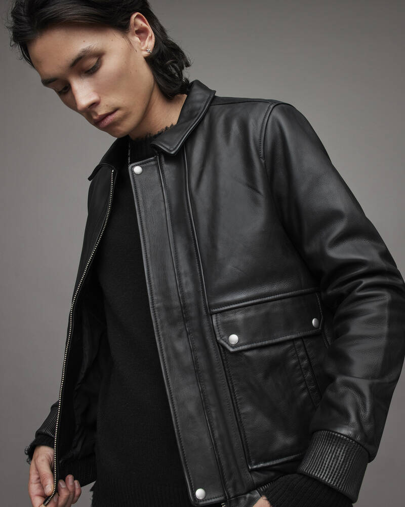 Allsaints Hart Läder Aviator Jacka Herr Svarta | SE.ML015X-5