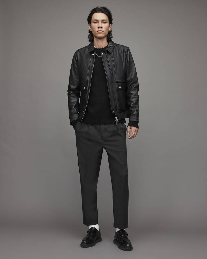 Allsaints Hart Läder Aviator Jacka Herr Svarta | SE.ML015X-5