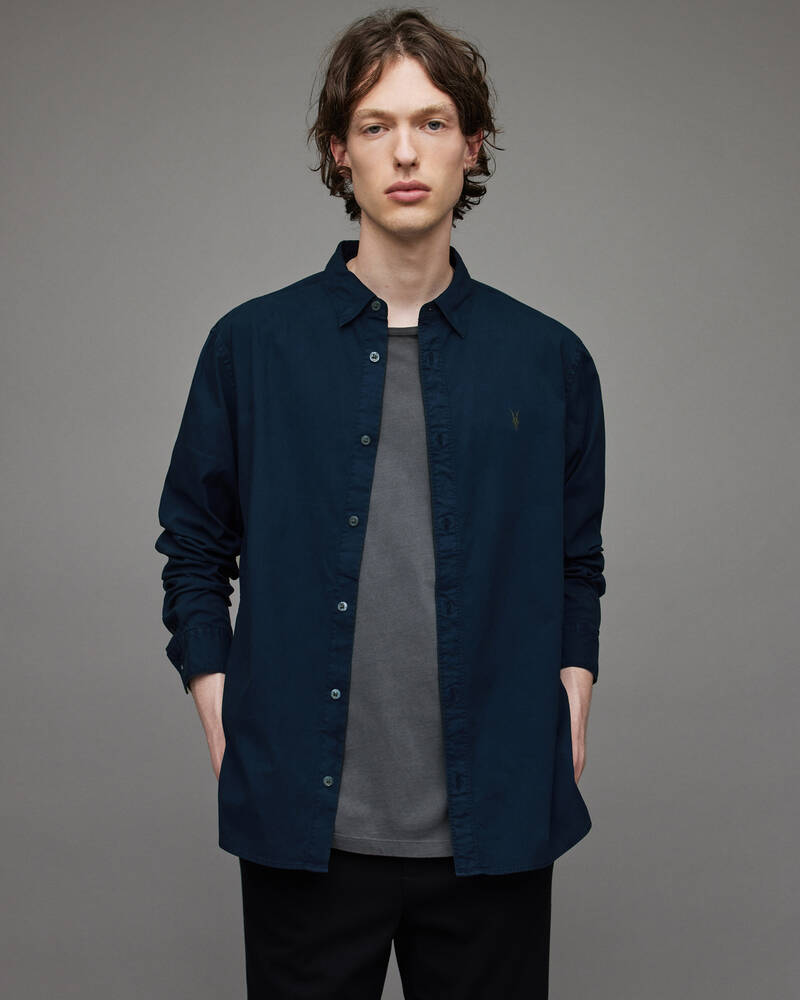 Allsaints Hawthorne Ramskull Stretch Fit Shirt Skjorta Herr Marinblå Blå | SE.MS107X-4378