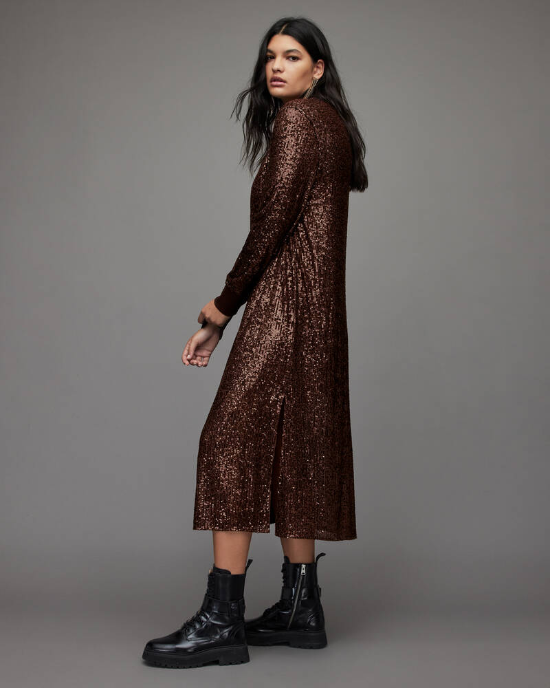 Allsaints Juela Crew Sequin Midi Klänning Dam Mörkbruna | SE.WD281X-1049