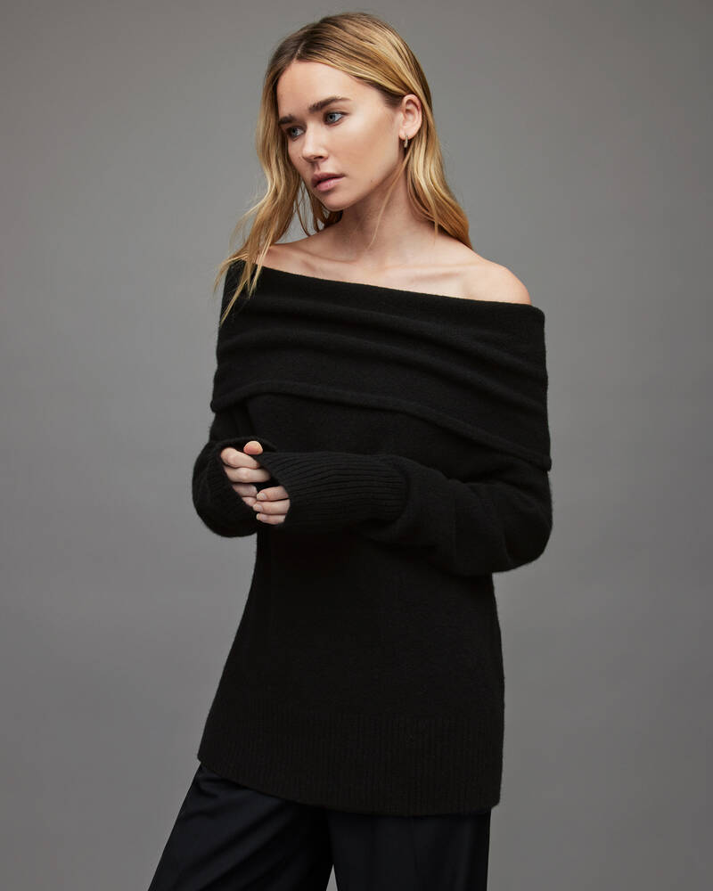 Allsaints Lea Off Shoulder Jumper Stickat Dam Svarta | SE.WK004W-5