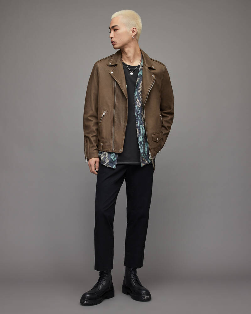 Allsaints Milo Läder Biker Jacka Herr Khaki Gröna | SE.ML066W-7351