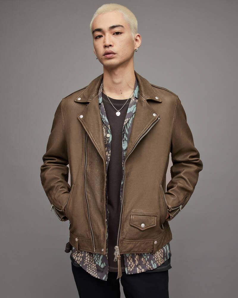 Allsaints Milo Läder Biker Jacka Herr Khaki Gröna | SE.ML066W-7351