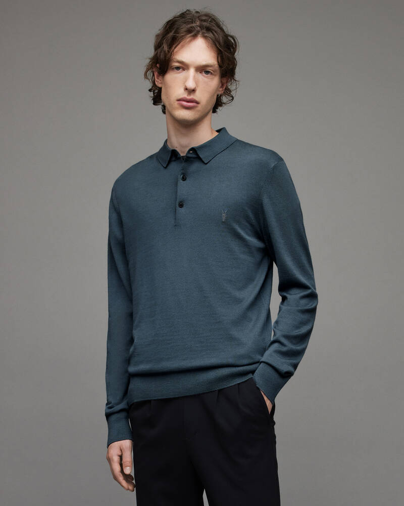 Allsaints Mode Merino Long Sleeve Shirt Piketröja Herr Grå Blå | SE.MK072X-4777