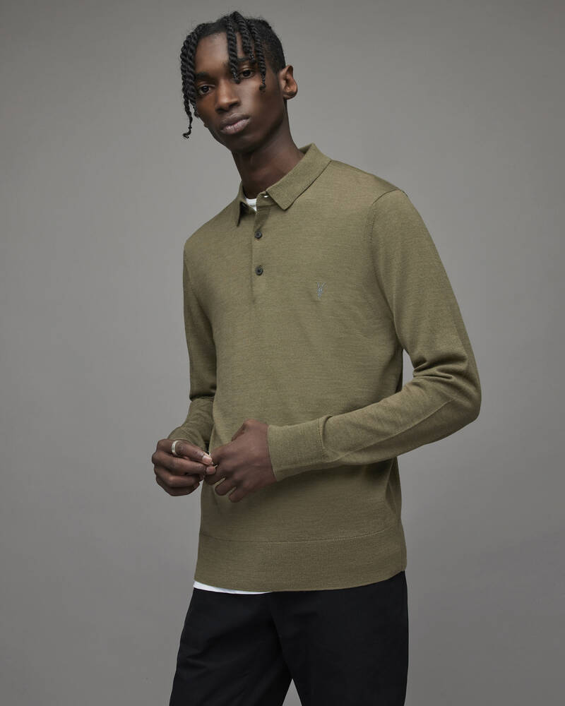 Allsaints Mode Merino Long Sleeve Shirt Piketröja Herr Olivgröna Gröna | SE.MK179X-4129