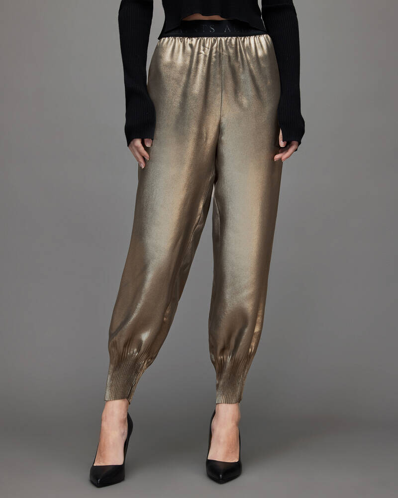 Allsaints Nala Metallic Tapered Långbyxor Dam Metal Guld | SE.WP032X-7081