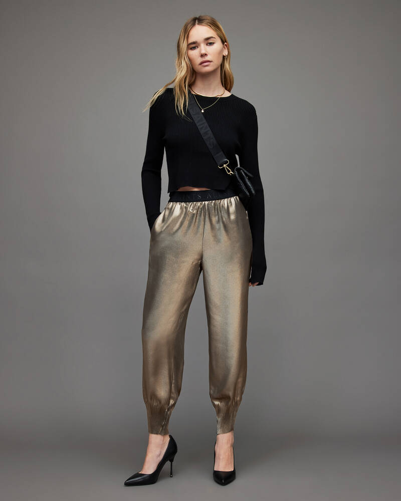 Allsaints Nala Metallic Tapered Långbyxor Dam Metal Guld | SE.WP032X-7081