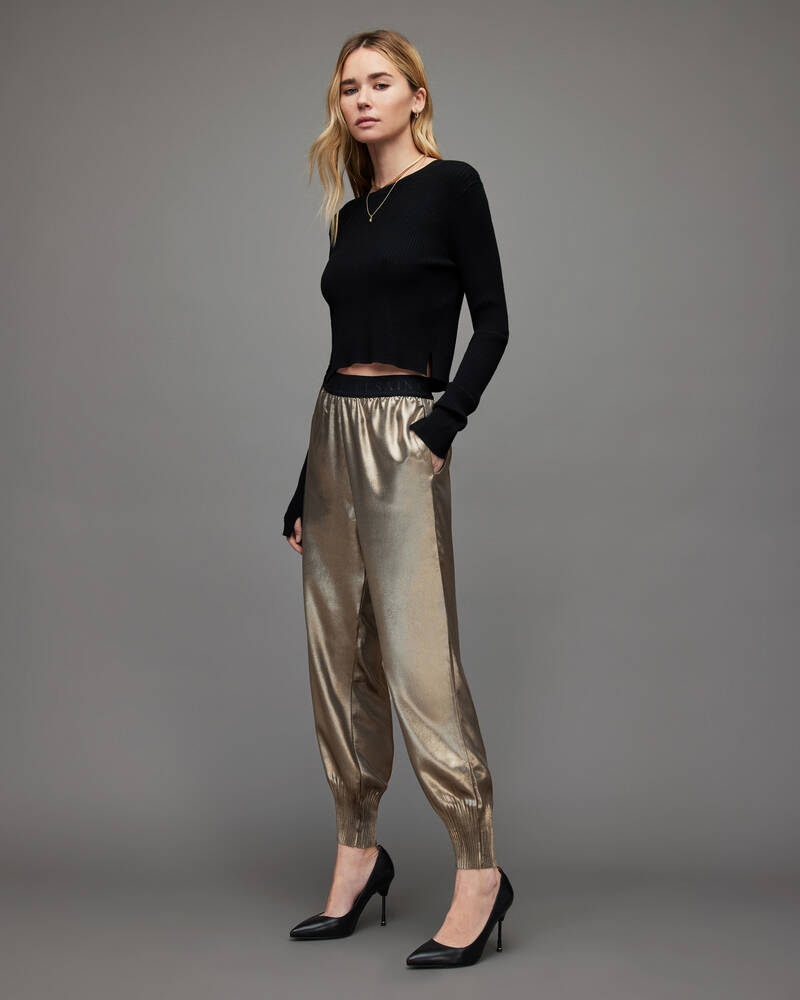 Allsaints Nala Metallic Tapered Långbyxor Dam Metal Guld | SE.WP032X-7081