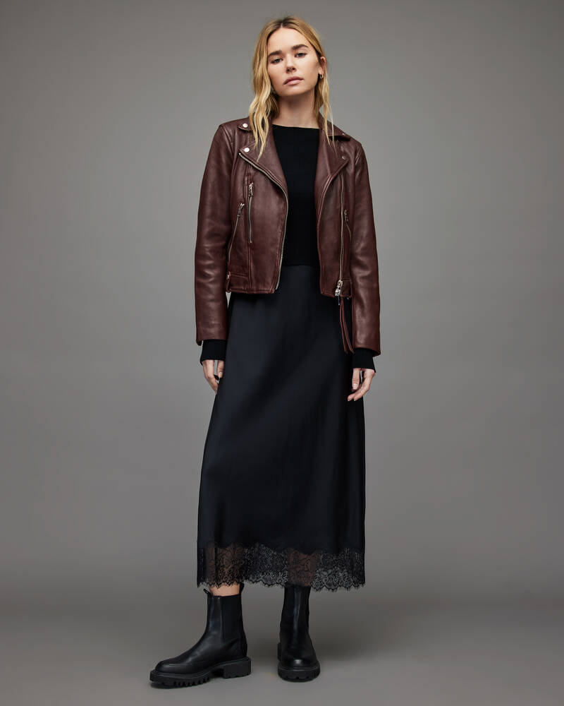 Allsaints Neko Läder Biker Jacka Dam Vinröda Röda | SE.WL150X-4192