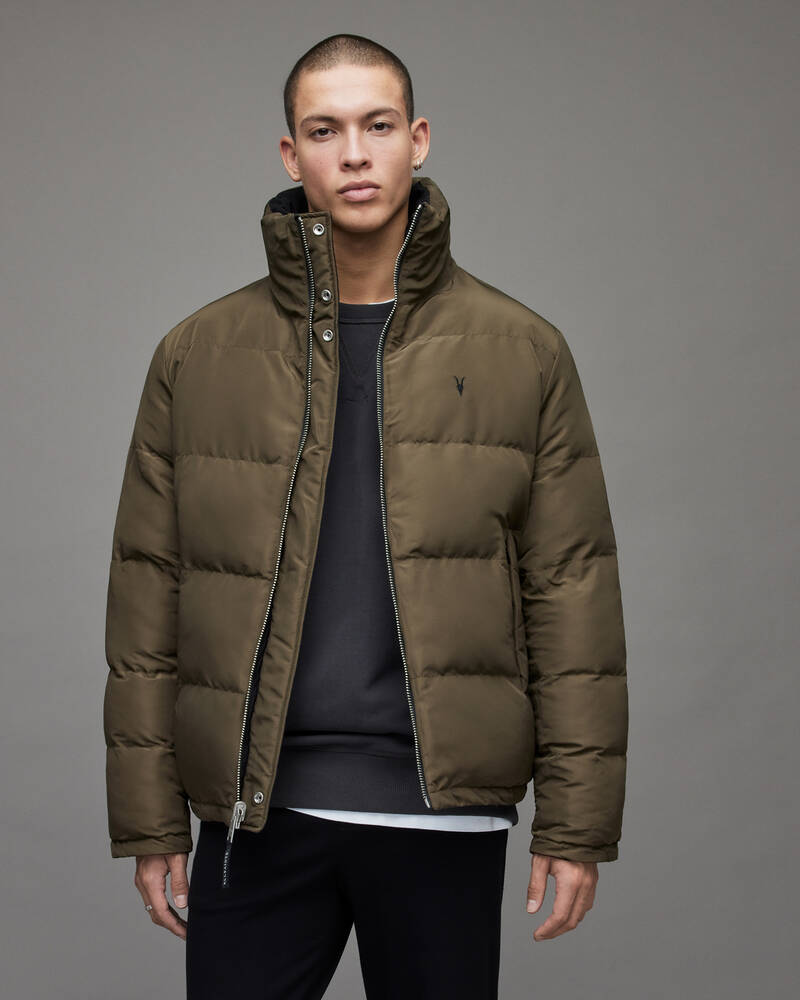 Allsaints Novern Reversible Ramskull Puffer Jacka Herr Svarta Khaki | SE.MJ012T-832