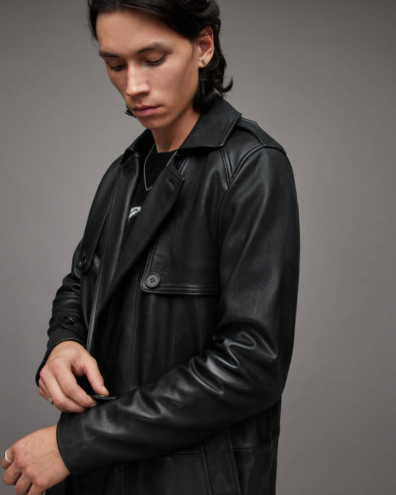 Allsaints Oken Läder Trench Jacka Herr Svarta | SE.ML036W-5