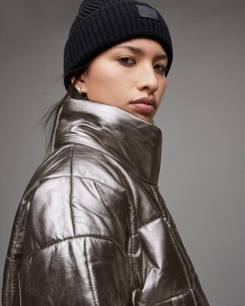 Allsaints Petra Metallic Läder Puffer Jacka Dam Grå | SE.WL146X-93