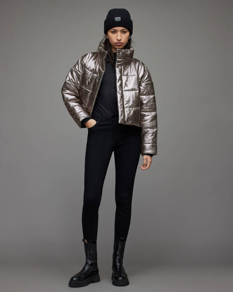 Allsaints Petra Metallic Läder Puffer Jacka Dam Grå | SE.WL146X-93