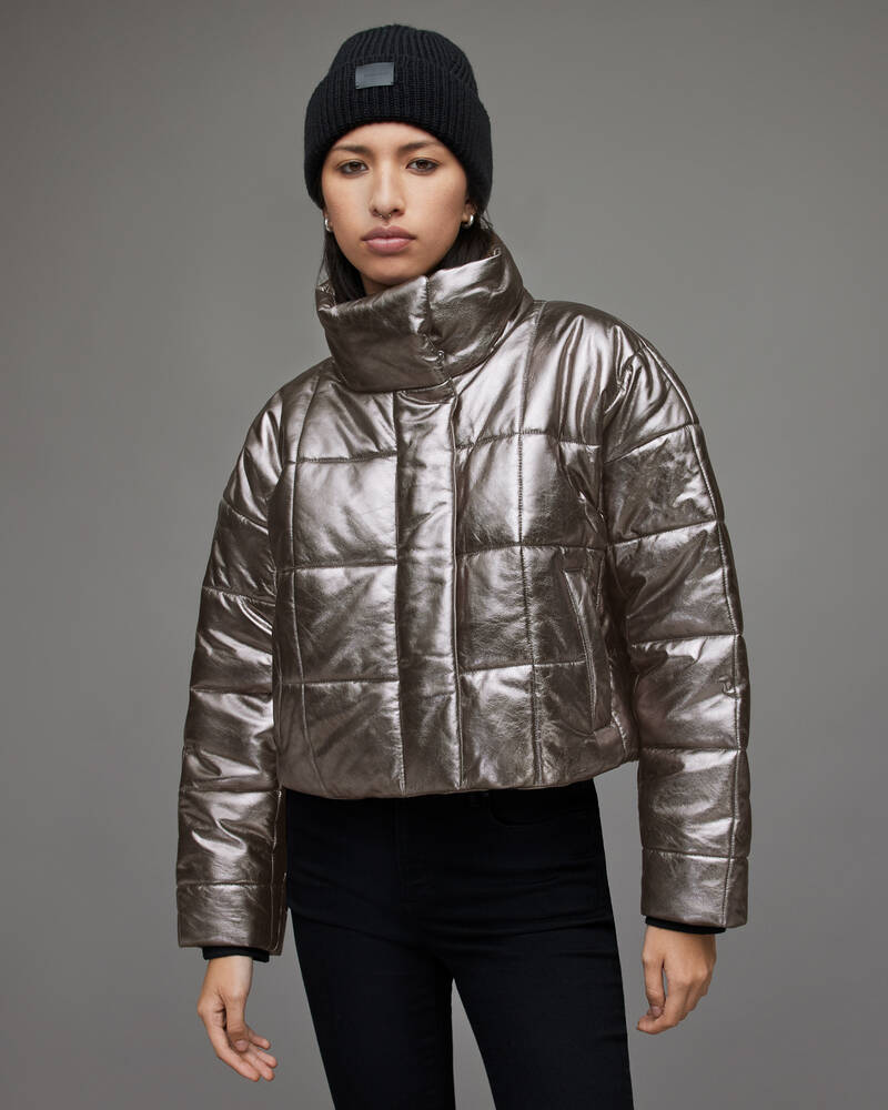 Allsaints Petra Metallic Läder Puffer Jacka Dam Grå | SE.WL146X-93