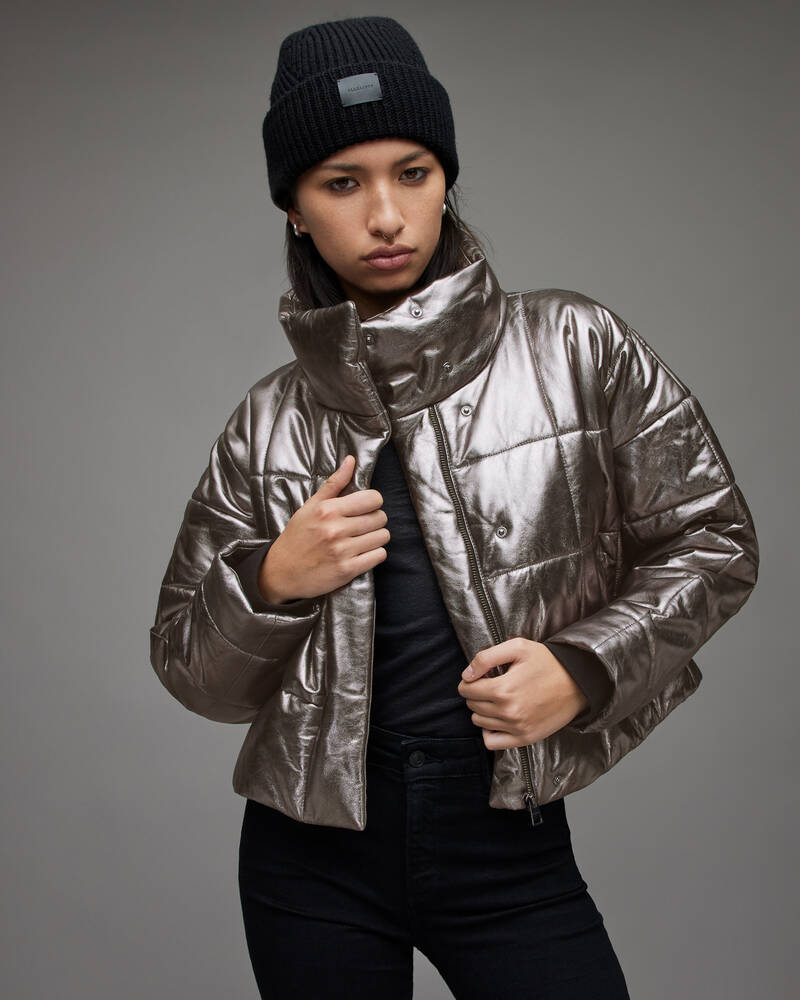 Allsaints Petra Metallic Läder Puffer Jacka Dam Grå | SE.WL146X-93