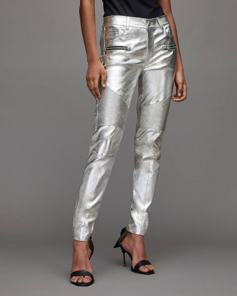 Allsaints Suri Metallic Läder Biker Jeans Dam Silver | SE.WL153X-34