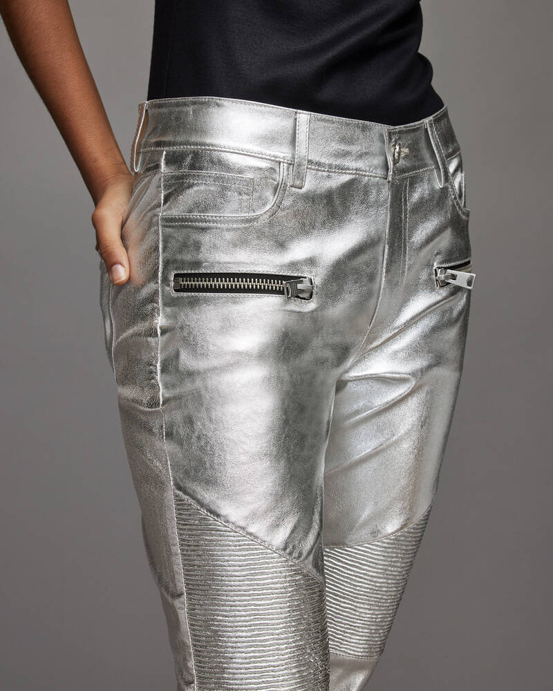 Allsaints Suri Metallic Läder Biker Jeans Dam Silver | SE.WL153X-34