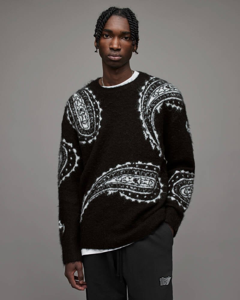 Allsaints Woodblock Paisley Crew Jumper Stickat Herr Svarta | SE.MK107X-5